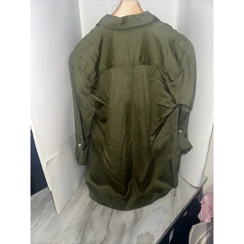 Talbots Olive Green Button Down Shirt Tunic Two Pocket Long Sleeve Top Small - Picture 4 of 5